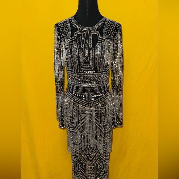 ASOS EDITION beaded fringe and sequin bodycon midi dress in black - Picture 3 of 15